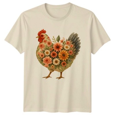 Floral Chicken T-Shirt, Farm Animal Graphic Tee, Botanical Hen Design