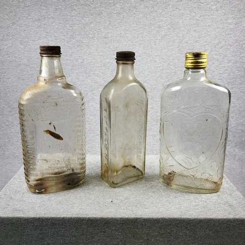 Lot 3 Vintage Glass Liquor Bottles Buffalo NY, Federal Law Heart Design Embossed