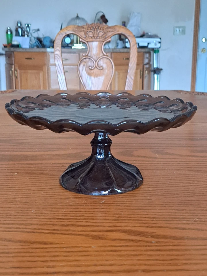 Anchor Hocking Pedestal Smoked Fairfield Vtg. Cake Stand Starburst Floral Design - Image 2 of 4