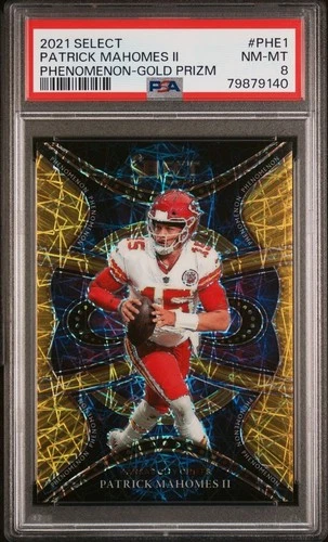 PATRICK MAHOMES II 2021 SELECT PHENOMENON GOLD PRIZM /10 PSA 8