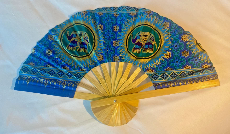 Fan Thai Folding Blue Green Elephant Hand Wooden Thailand Decor พัดมือช้าง สีฟ้า - Image 4 of 4