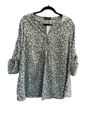 Bloomchic 14-16 GREEN LEOPARD PRINT V NECK Partial Zip ROLL TAB SLEEVE Top #3650