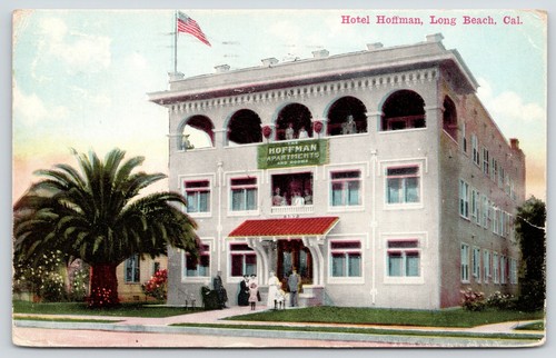 Long Beach CA~Hotel Hoffman Apartments~Family on Steps~Balcony~Pacific Park~1913
