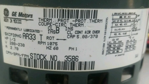 G.E. 5KCP39hgaa33t   1/3  hp 208/230V  1075rpm3-speed Motor 3b=6