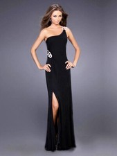 La Femme One Shoulder jewel O Rings Jersey Gown Sz 2 Black