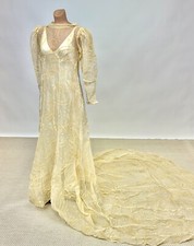 Antique 1930s Sheer Velvet Burnout Off White Wedding Dress With Train  Slip