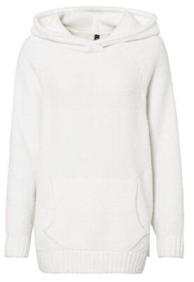 Damen Pullover weiß Plüsch Kapuze Kängurutasche Long Style Gr. 36 - 54 neu 65506