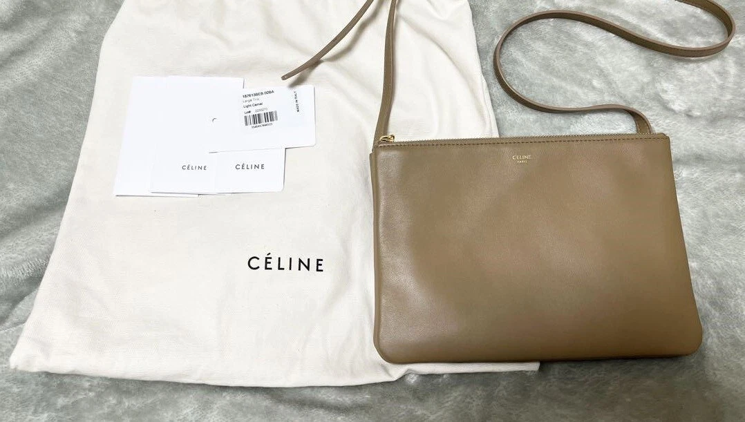 Celine Trio Large Shoulder Bag Light Camel Beige Leather With Storage Rare