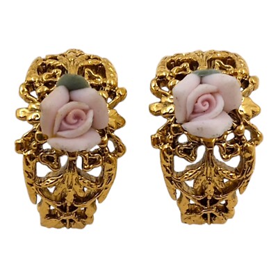 Applied Porcelain Rose Earrings Pierced Flower Floral Scroll Vintage 1980s