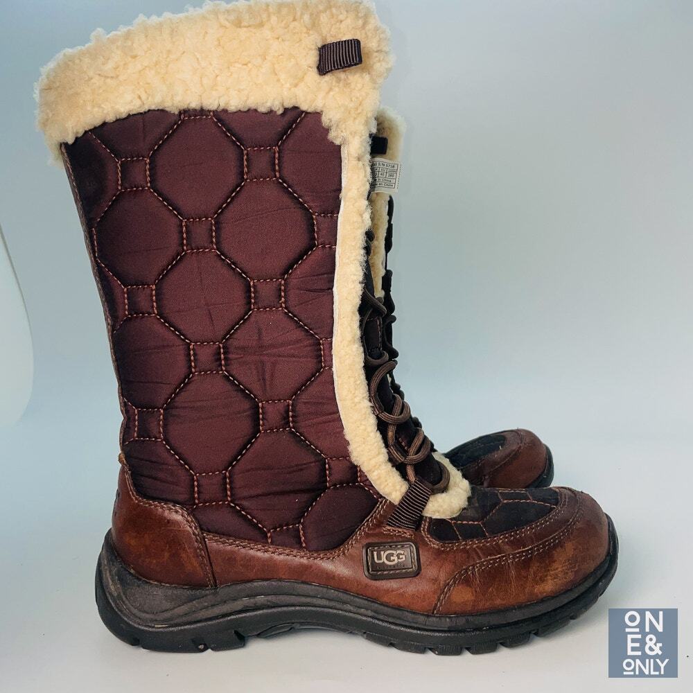 UGG Australia Capstone Boots Womens 9 Brown Waterproof Shearling Trim Mid Calf