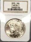 1923 Silver Peace Dollar – NGC MS63 - Original US Mint BRIGHT WHITE   P244