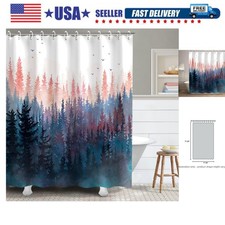 Forest Shower Curtain, Pine Trees Shower Curtain, Mountain Nature Pink Shower...