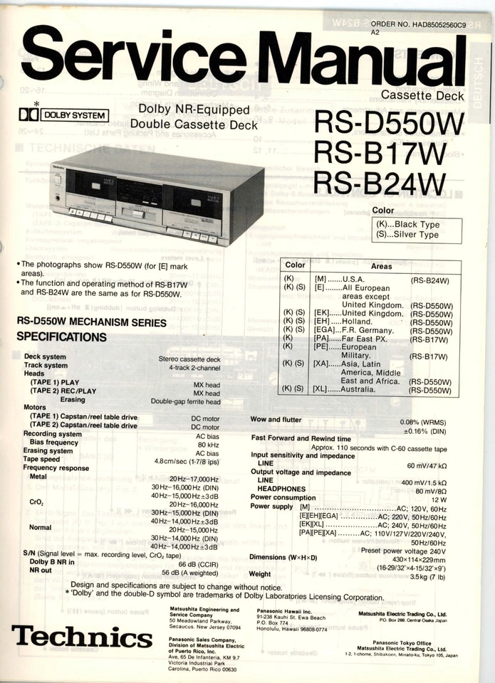 TECHNICS Service Manual RS-D550W / RS-B17W /RS-B24W Cassette Deck - Bild 1 von 1