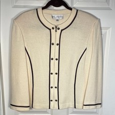 St. John Collection Zip Up Sweater Cardigan 12 Cream Santana Knit Brown Piping