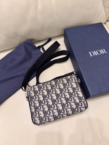 Dior Pochette Zippée avec Sangle Beige Noir Oblique Jacquard Bandoulière Sac Appareil Photo