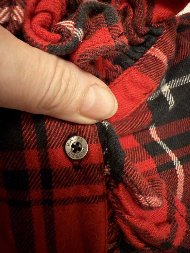 Ralph Lauren 女孩格子红色法兰绒日志袖连衣裙荷叶边假日 10 码 — 第 3/4 张图片