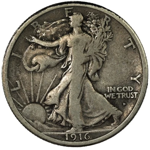 1916-D Denver Walking Liberty Silver Half Dollar 50C Very Fine VF+