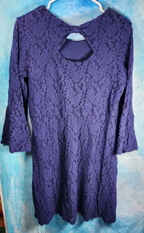 NUEVO CON ETIQUETAS VESTIDO JUSTICE GIRLS Talla 18 ENCAJE LAZO ESPALDA Azul MANGAS 3/4 PUÑOS CAMPANA EPOC  Foto 3 de 4