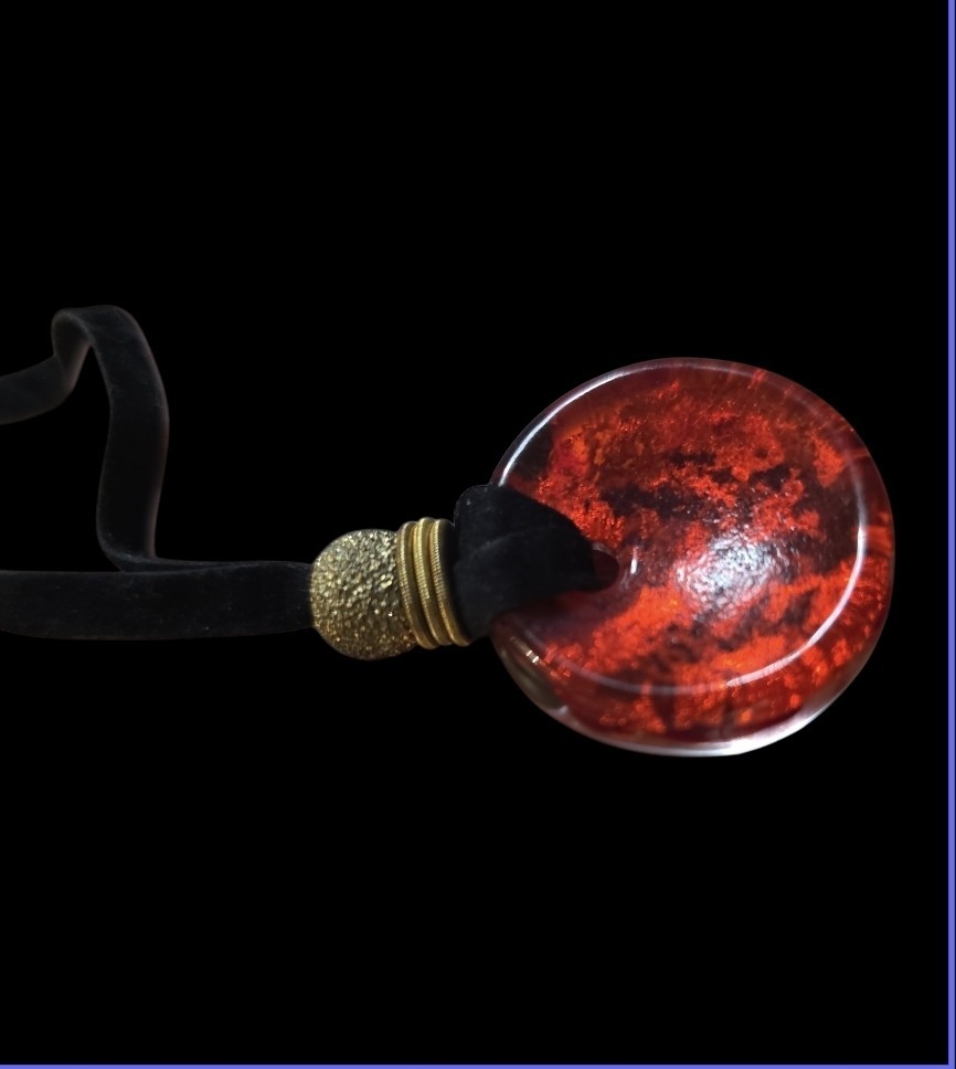 Murano Glass Pendant Handmade Italy Round Necklace Red Gold Black Velvet Cocker View 2
