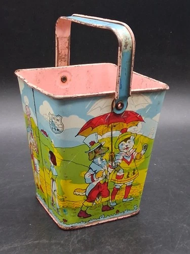 Antique J Chein Tin Litho Toy Sand Pail/Bucket 5½" Nursery Rhymes To Handle