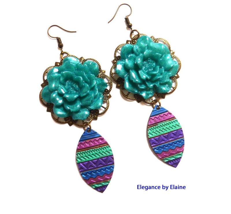 Teal Flowers Striped Drops Statement Earrings Colorful Flowers Artisan Made OOAK