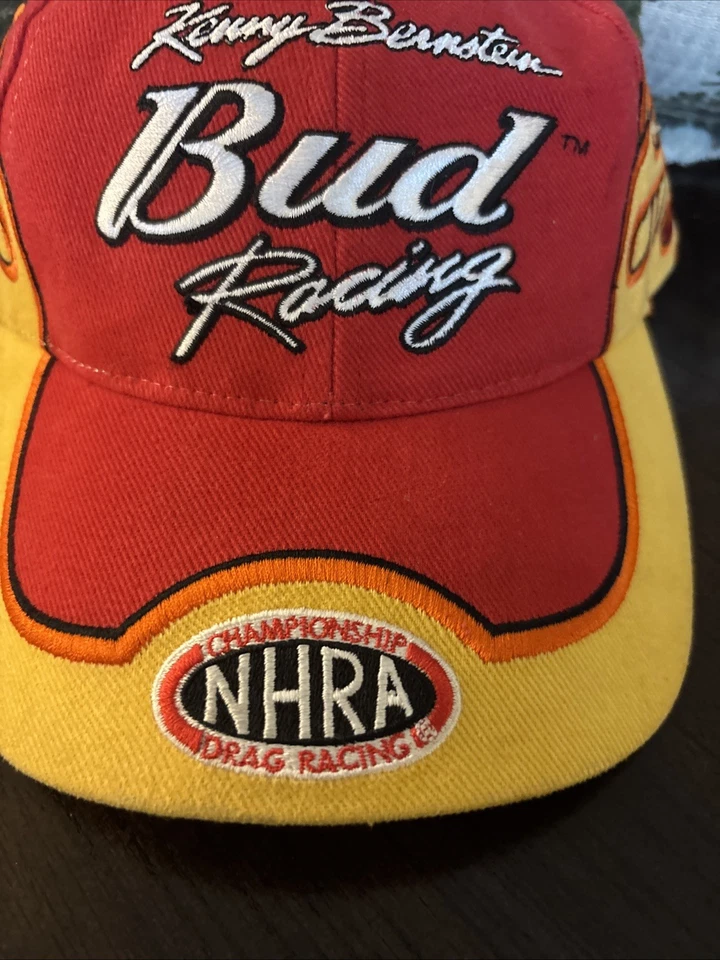 Chapéu Kenny Bernstein assinado Budweiser NHRA Drag Racing chama vermelho/amarelo vintage - Imagem 4 de 4