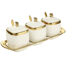 Porcelain Condiment Jar Spice Container with Tray Ceramic Serving Spoon and L...