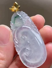 18K Yellow Gold Grade A Icy Floral Green Jadeite Jade RuYi Pendant 0925