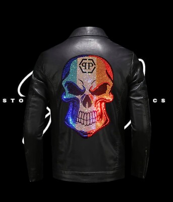 Leather Jacket With Skull Rhinestone