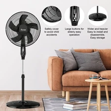 IFanze Black 16" Pedestal Fan Timer Remote 3-Speed 5 Blade Height Adj Standing