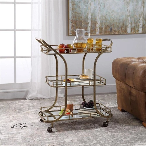 Uttermost Stassi Transitional Glass and Iron Serving Cart in Antique Gold - Picture 3 of 8