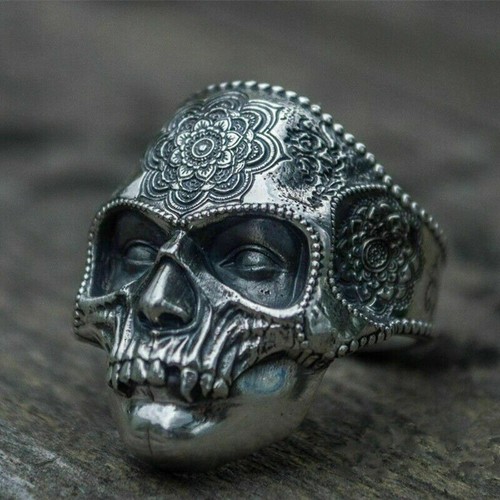 Sugar Flower Mandala Jewelry Vintage Ring Punk Biker Mens Skull - Afbeelding 13 van 15
