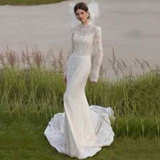 High Neck Lace Mermaid Wedding Dresses Long Sleeve Backless Buttons Bridal Gowns
