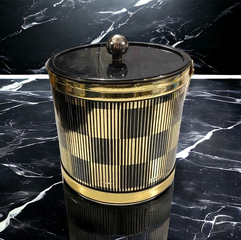 Vtg Drulane Towle Laslo Op Art Black Gold Ice Bucket Lid Handle MCM Made in USA