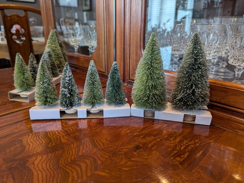 Six Bottle Brush 6" X 2 1/2" & 4" X 1 3/4" Evergreen Trees & Sturdy Wood Bases - Picture 2 of 7