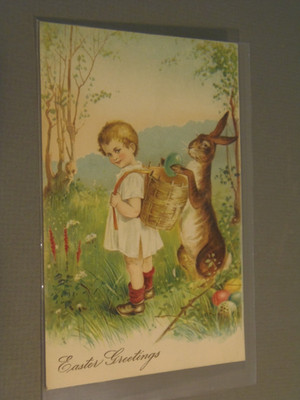 2 Embossed Bunny Rabbit with Little Boy Easter Postcards