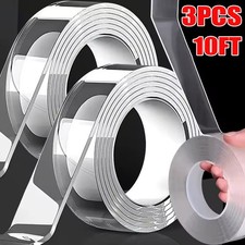 3PC 10FT Transparent Tape Double Sided Traceless Washable Adhesive Invisible Gel