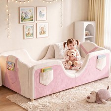 Children's Floor Bed Toddler Transition Bed with Guardrails Crib with Pockets