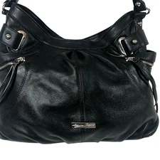 Etienne Aigner Black Leather Large Hobo Satchel Handbag Keychain Metal Zippered