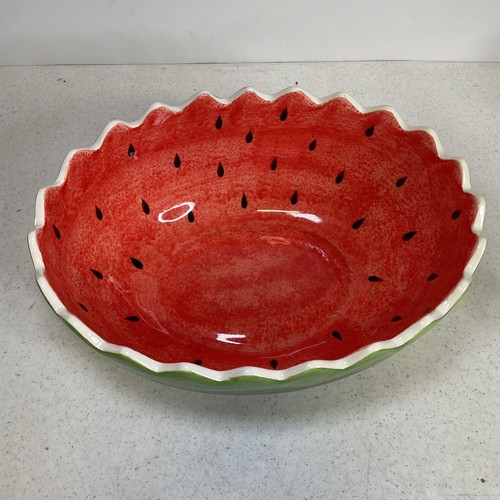 Vintage Pier 1 Imports Earthenware Watermelon Serving Bowl 12" x 9 1/2" x 5" - Picture 2 of 8