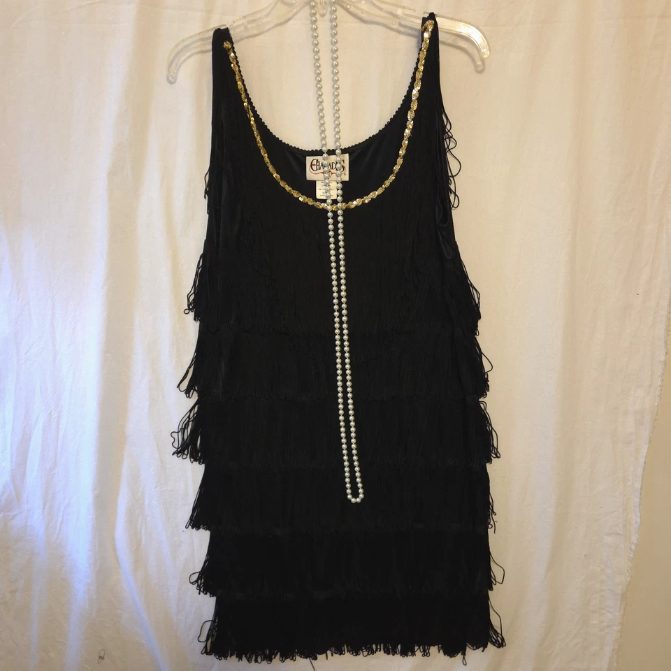 Charades Flapper Halloween Costume Black Fringe Gold Sequin Trim Sz L W/beads - Image 2 of 4