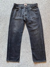 Levis 501 Mens 36x32 Washed Black Button Fly Straight Denim Jeans Distressed
