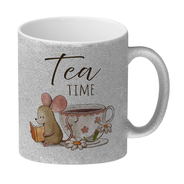 Maus Mit Buch Glitzer-Kaffeebecher Mit Spruch Tea Time-image
