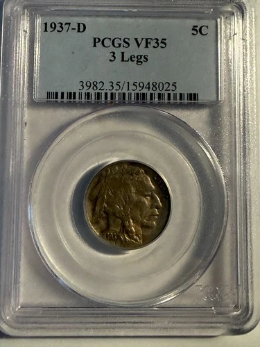 1937-D 3 LEGGED BUFFALO NICKEL PCGS VF35