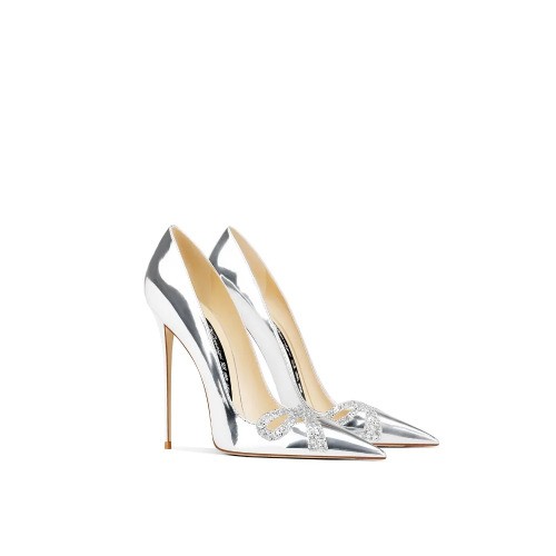 Genuine Leather Silver Bow High Heels Pointed Toe Women Dress Shoes