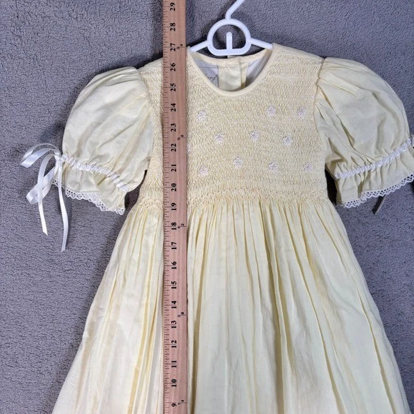 Strasburg Smocked Yellow Cotton Dress Girls 2Y Puff Sleeve Lace Trim Bow Back - Image 2 of 4