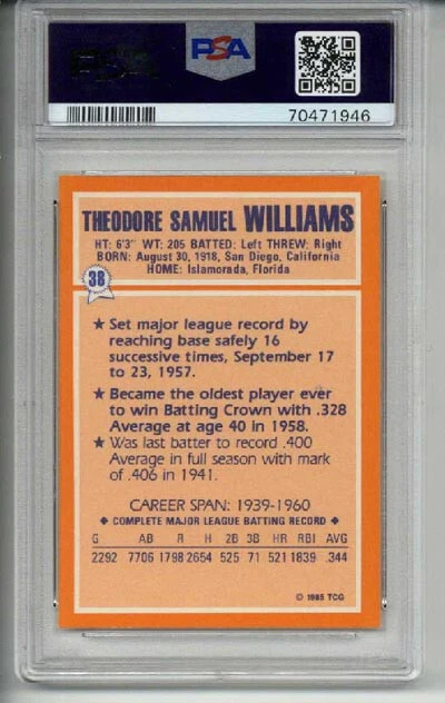 1985 TOPPS WOOLWORTH #38 TED WILLIAMS CARD BOSTON RED SOX PSA 10 LOW POP RARE - Image 2 of 2