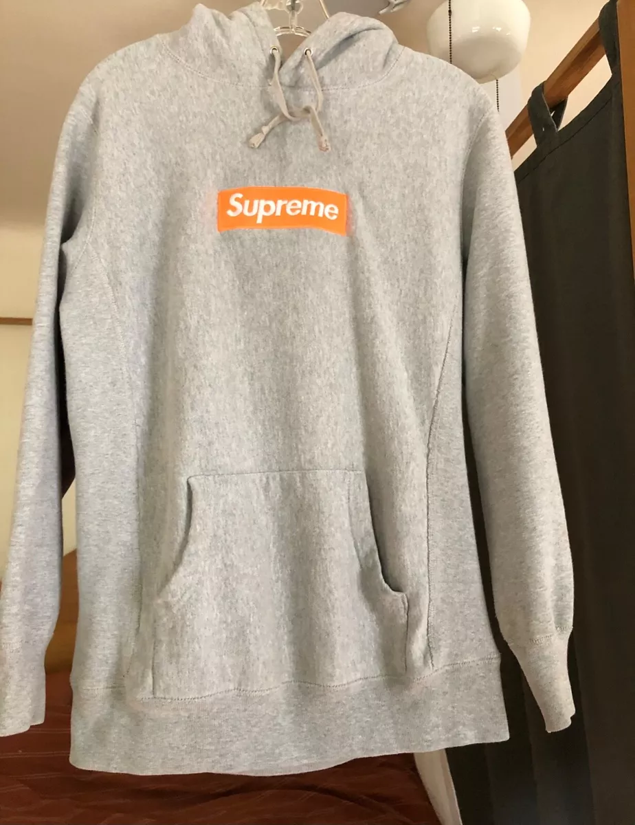 Supreme Orange Box Logo Hoodie Hooded Sweatshirt Heather Gray Size  M.Authentic.