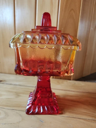 Vintage 70’s Jeanette Amberina Covered Glass Candy Dish Wedding Bowl Red/ Gold