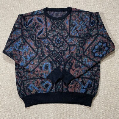 VINTAGE Wollpullover Herren groß schwarz bunt abstraktes Muster Sweater 90s Germany